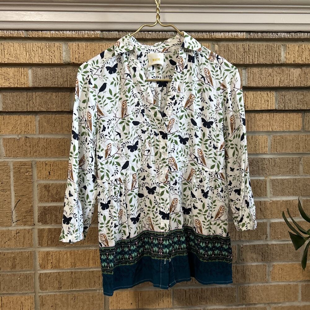 Anthropologie Maeve Woodland Walk Owl Butterfly Print Button SZ 4 Whimsical Art